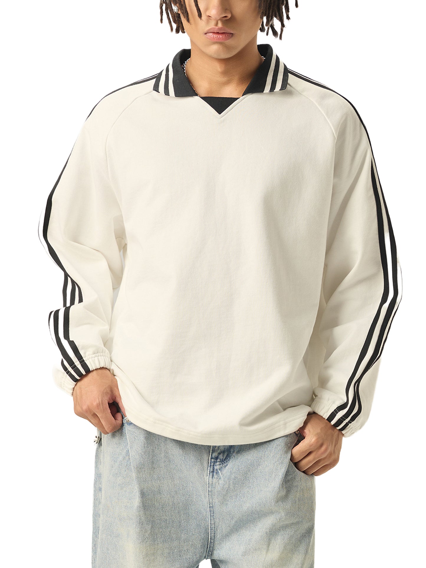 Broken halo Contrast Striped Lapel Collar Sweatshirt