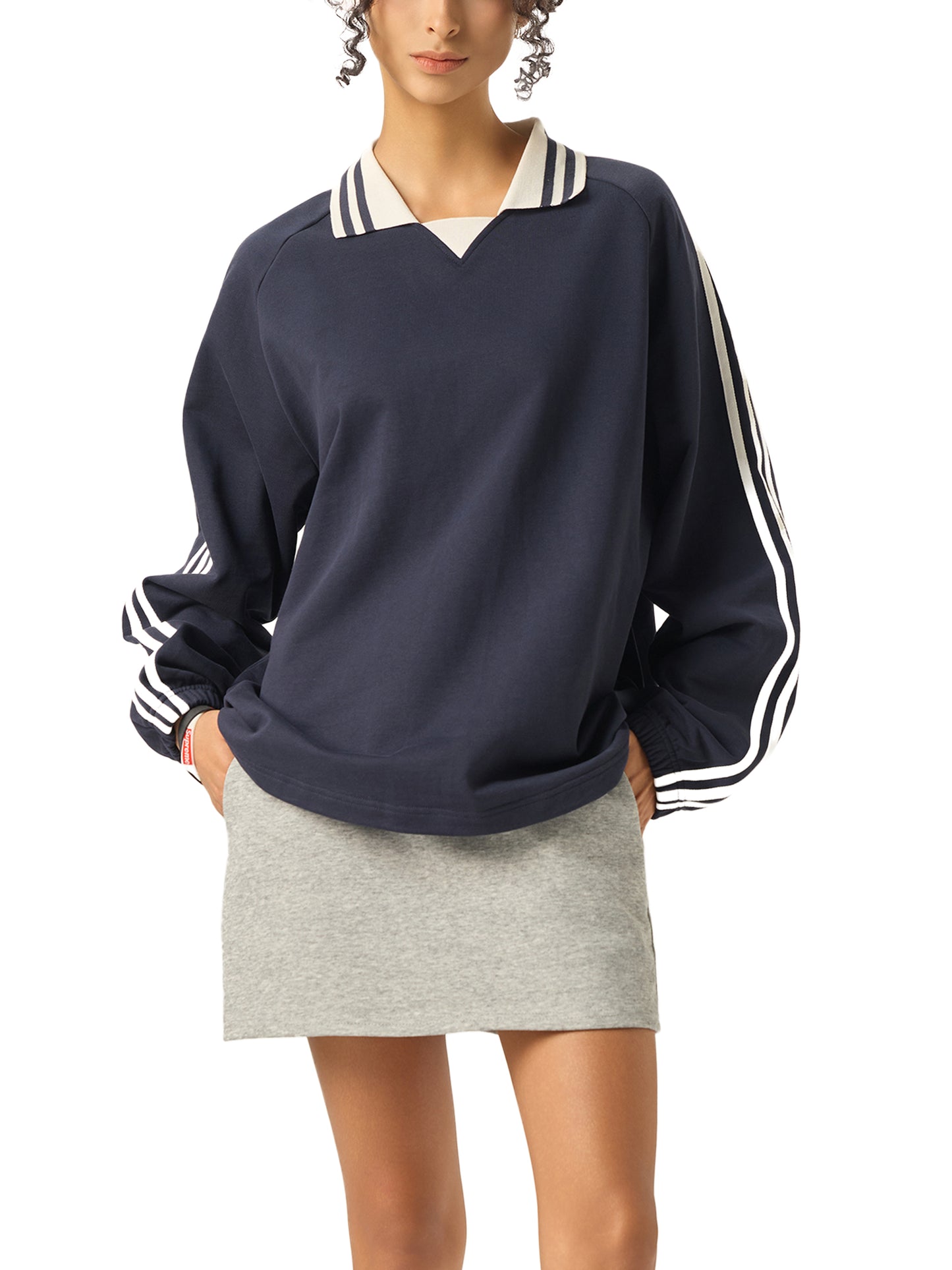 Broken halo Contrast Striped Lapel Collar Sweatshirt