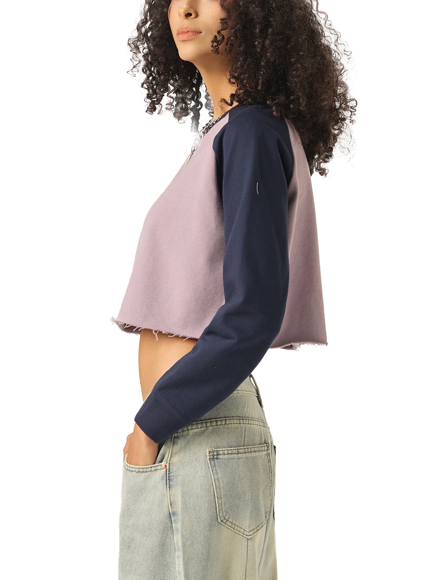Broken halo Raw-Hem Color-Block Raglan Crop Sweatshirt