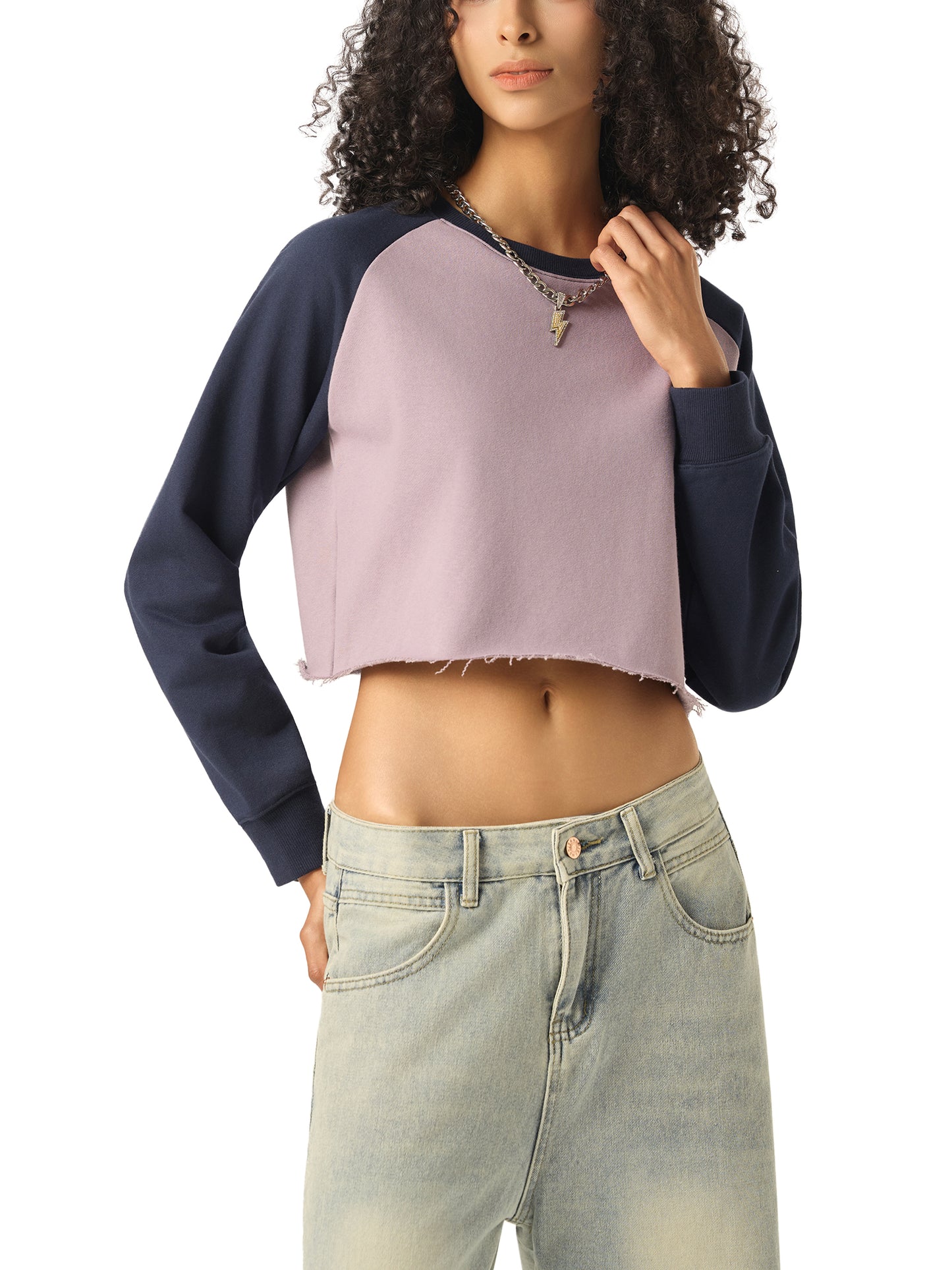 Broken halo Raw-Hem Color-Block Raglan Crop Sweatshirt