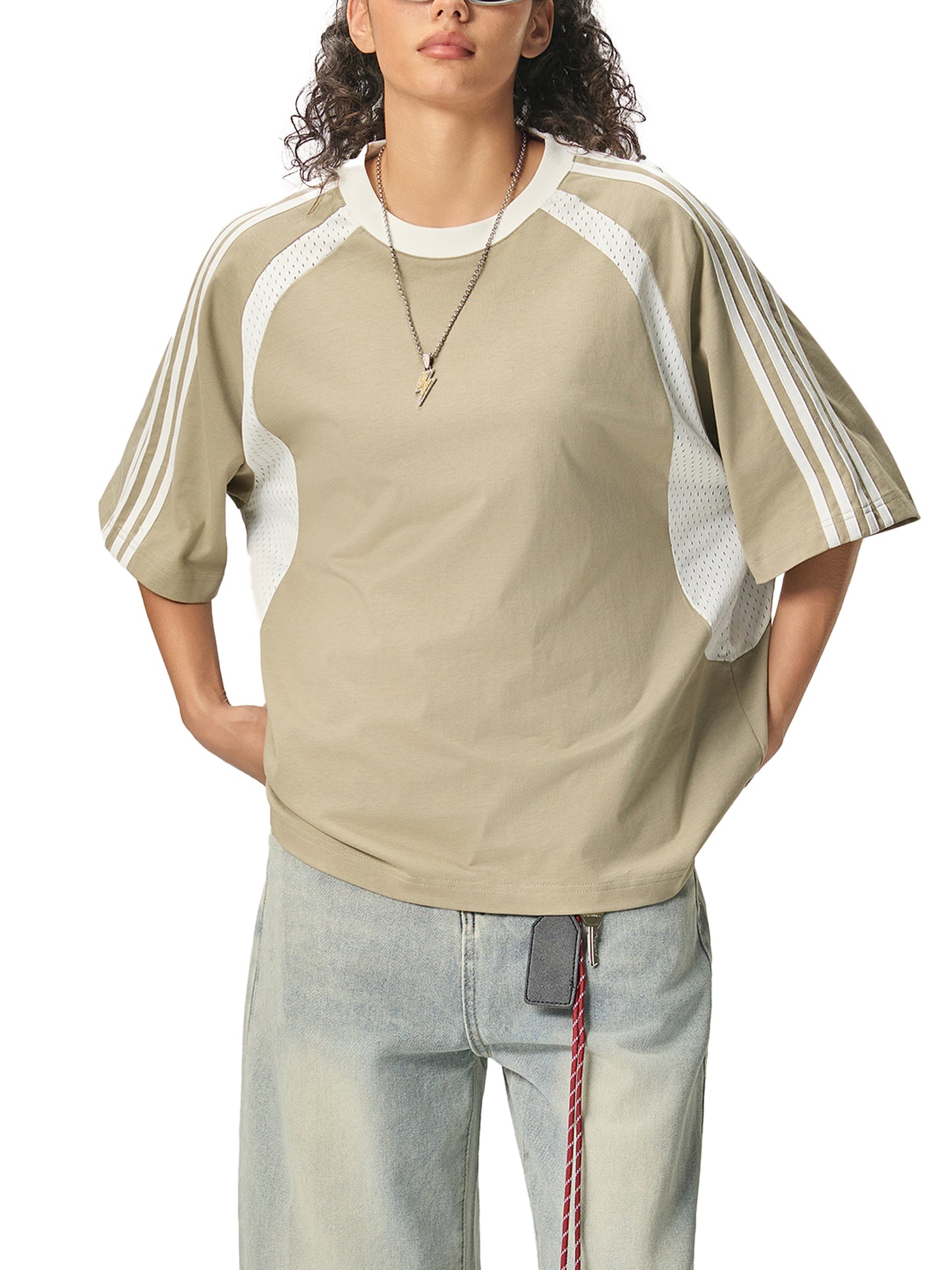 Broken halo Contrast Stripes Panel Mesh T-shirt