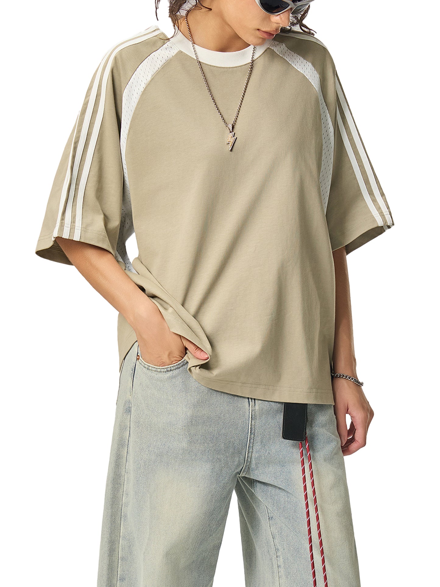 Broken halo Contrast Stripes Panel Mesh T-shirt